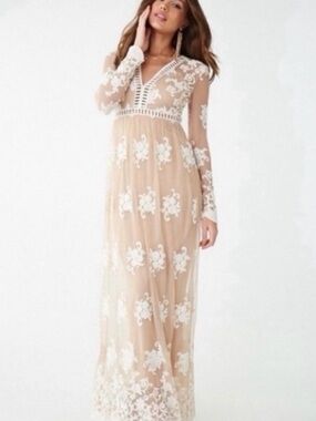 Forever 21 Nude Maxi Dress with White Lace Embroidery